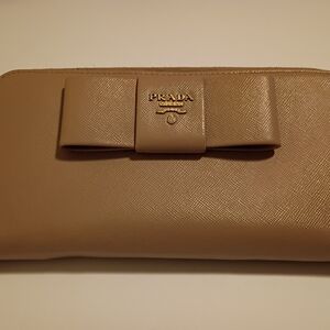 Prada Beige Saffiano Leather Bow Zip Around Wallet